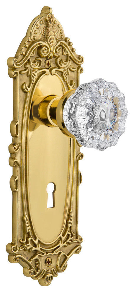 Victorian Plate With Keyhole Privacy Crystal Glass Door Knob, Polished Brass