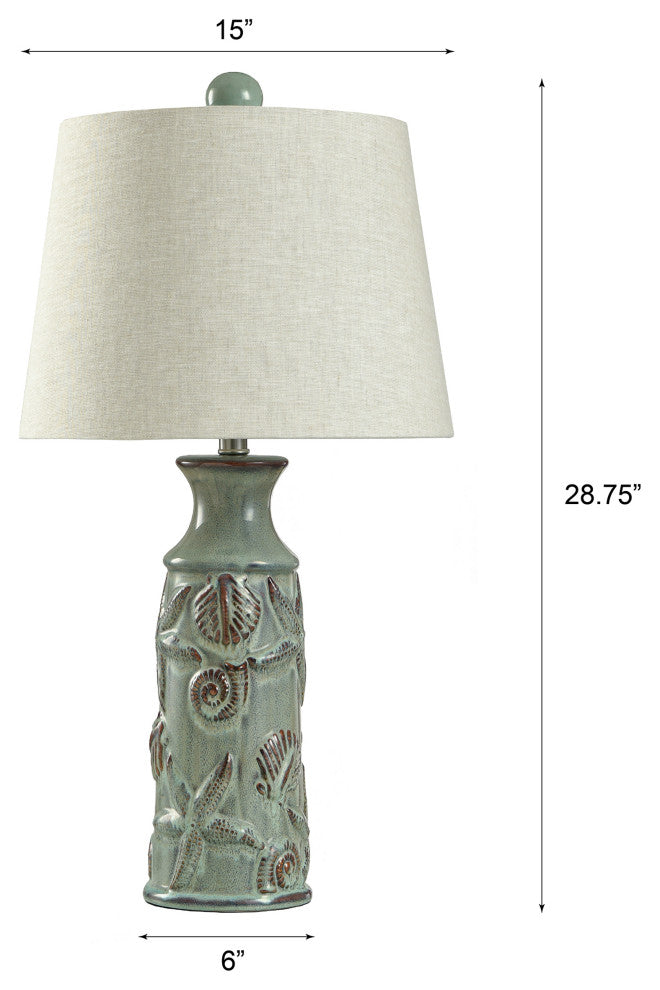 Nautical ceramic table lamp, blue bay finish natural linen shade