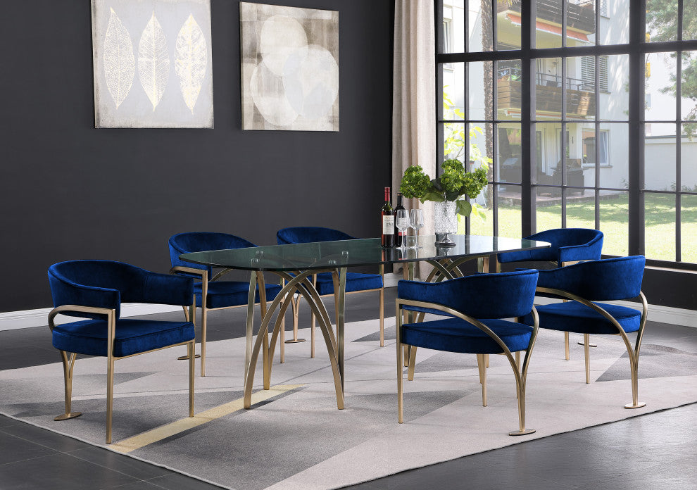 Madelyn Upholstered Dining Chair, Set of 2, Navy, Velvet, Gold Finish