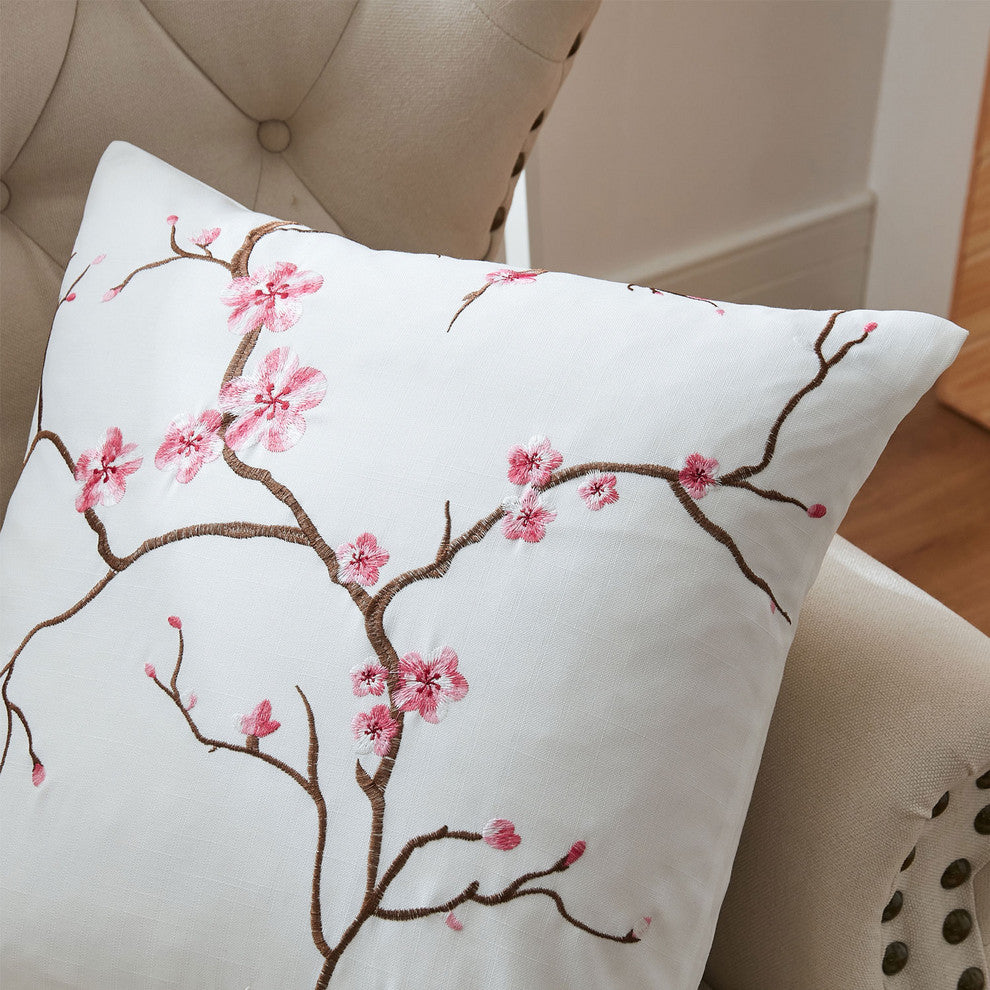 Cherry Blossom Embroidery 2 Piece Pillow Covers, Pink, 26" X 26"