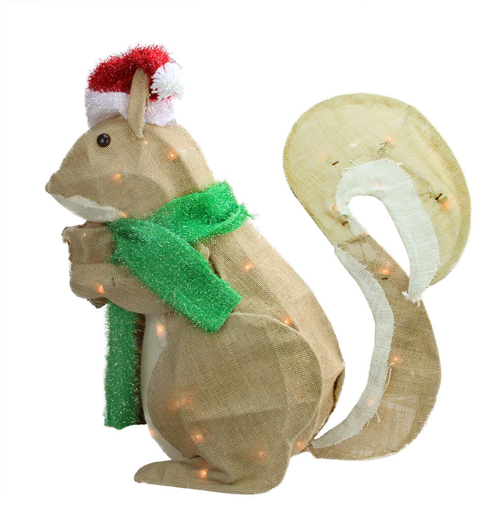 28" Pre-Lit Outdoor Burlap Squirrel with Santa Hat Christmas Decoration