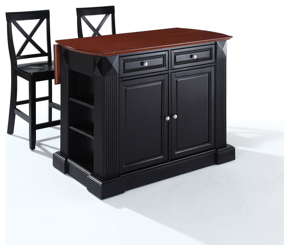 Drop Leaf Breakfast Bar Top Kitchen Island With 24" Blackx-Back Stools