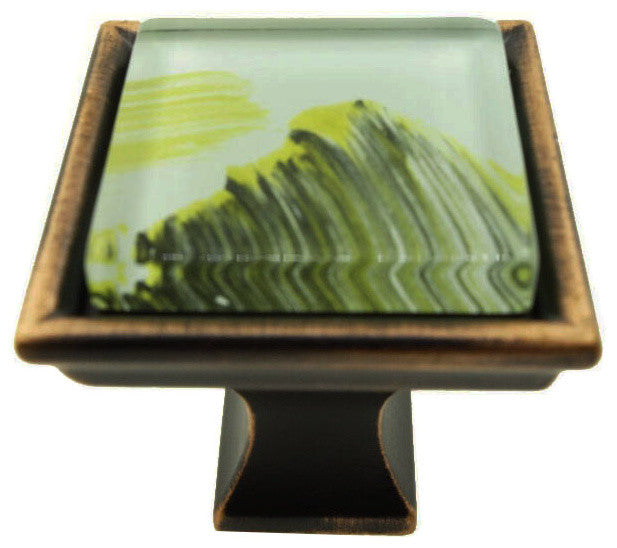 Hand Brushed Abstract Moss Streaks Crystal Glass Oil Rubbed Bronze Classic Knob