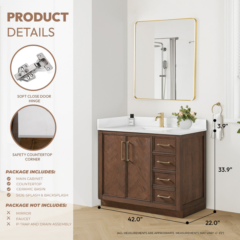 Jakarta Bath Vanity, Quartz Top No Mirror, Dark Brown Oak, 42", Single Vanity