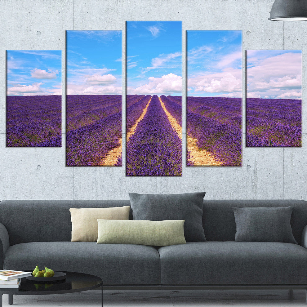 "Blooming Lavender Flower Field" Landscape Wall Art Print, 5 Panels, 60"x32"