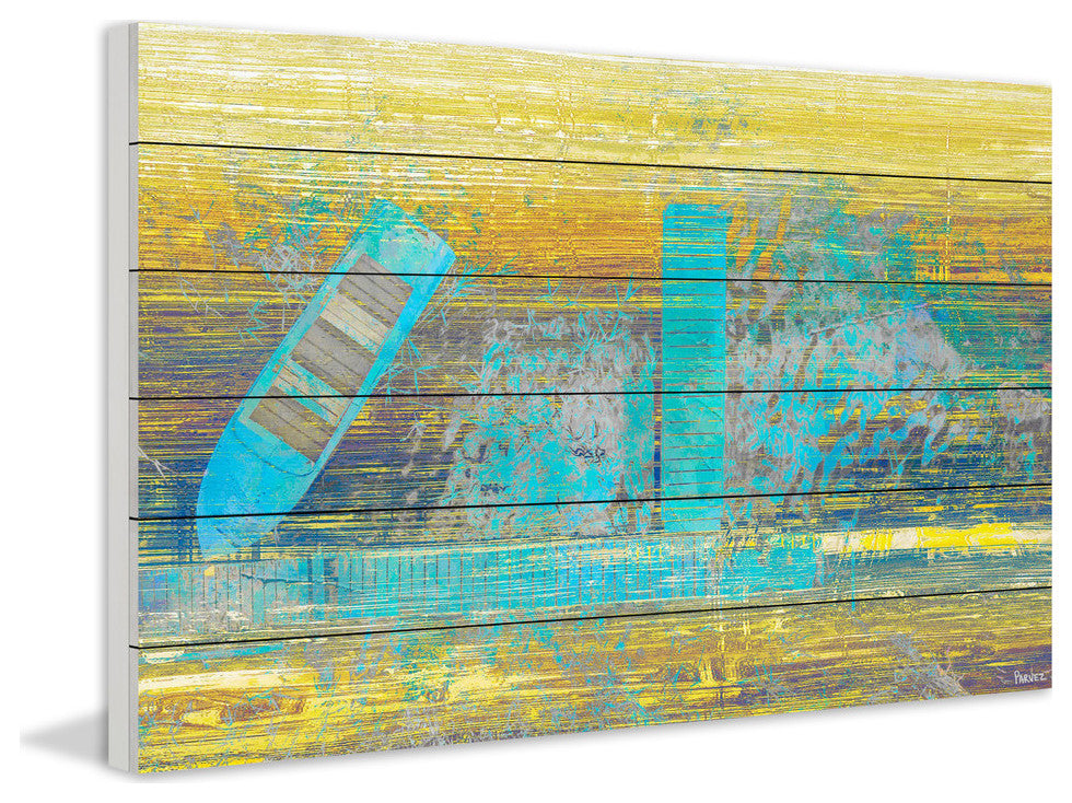 "Blue Boat Docked" Painting Print on White Wood, 60"x40"