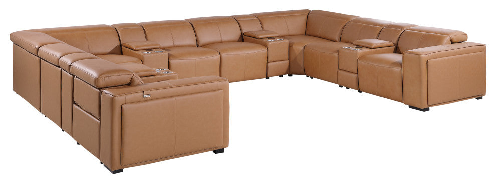 Niccolo Italian Leather 12-Piece U-Shaped 4 Power Reclining Sectional, Cognac
