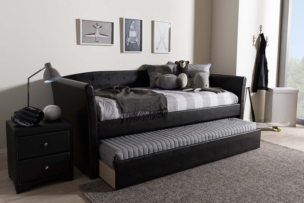 Jolene Fabric Upholstered Daybed With Trundle Bed, Black