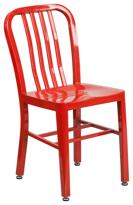 30" Round Red Metal 5-Piece Table Set With 4 Vertical Slat Back Chairs