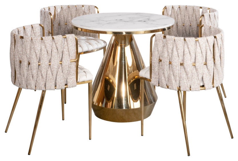 5-Piece Gigi Marble Top Dining Set, Off White Chairs