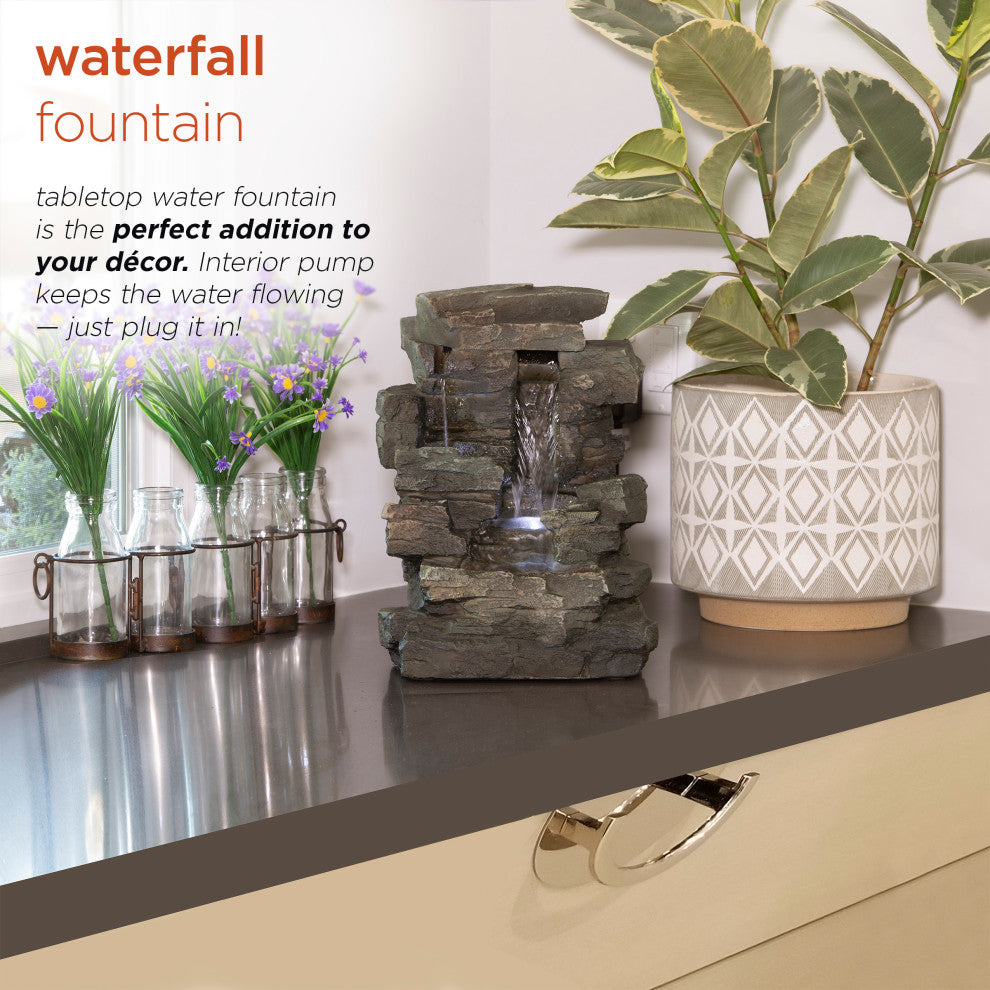 13" Tall Indoor 4-Tier Cascading Tabletop Fountain with LED Lights, Gray