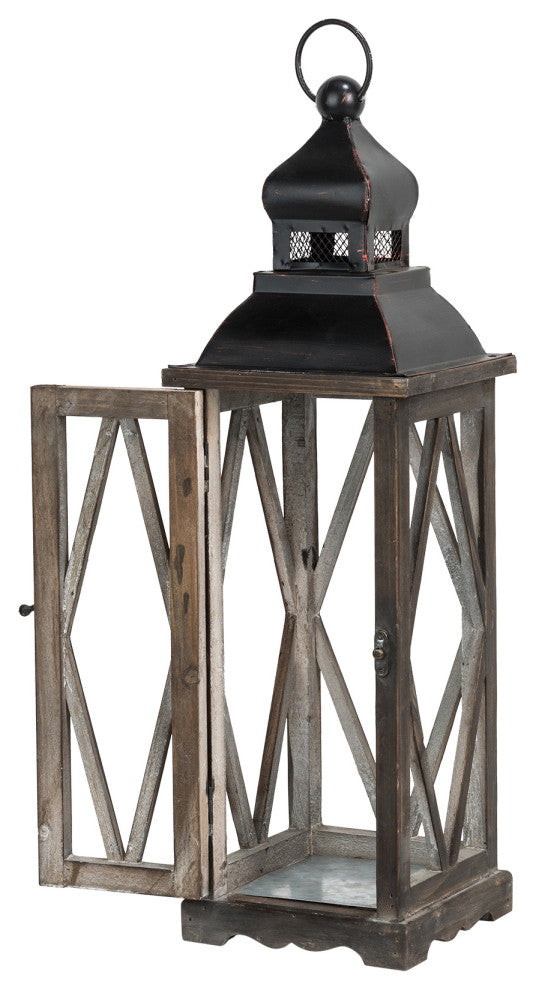 Farmhouse Wood Metal Lanterns Set of 2, Black
