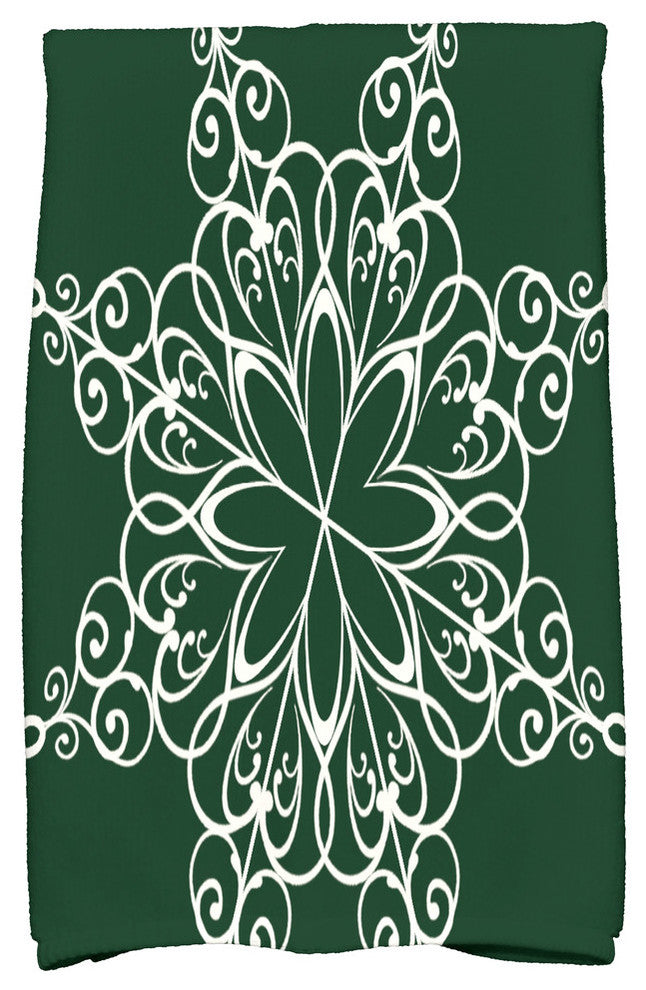 Snowflake Holiday Geometric Print Kitchen Towel, Dark Green