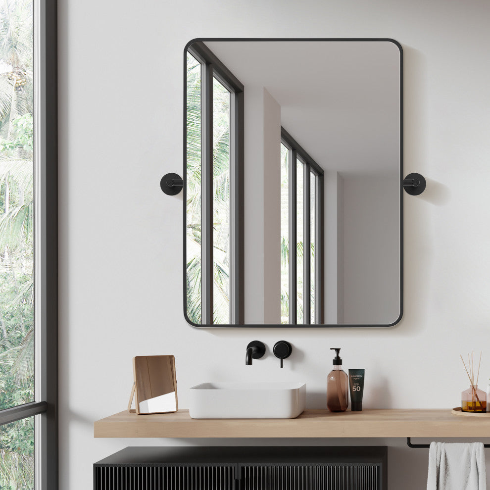 Dieux Rectangular Framed, Matte Black Bathroom Pivot Wall Mirror