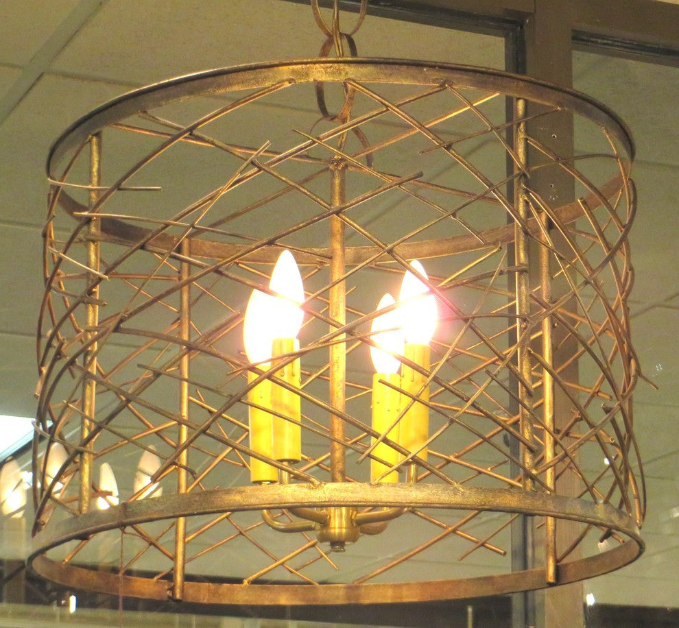 20" Contemporary Gold Twig Chandelier, Drum Pendant Open Metal