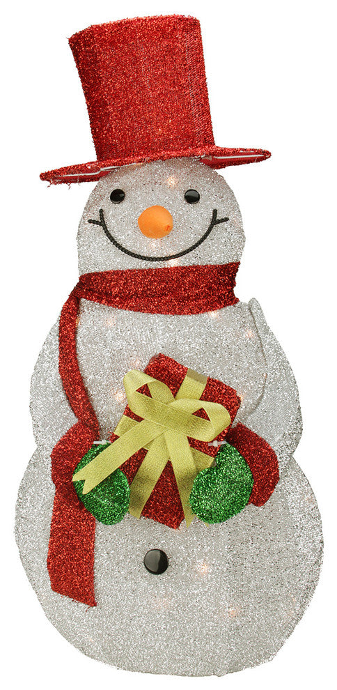 32" Lighted Silver Tinsel Snowman With Gift Christmas Yard Art Decoration