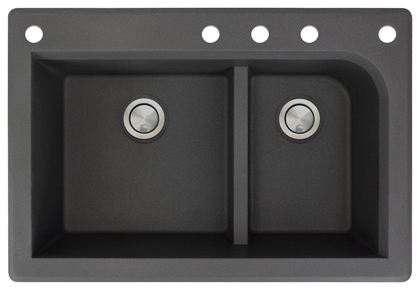 Radius 33" silQ Granite Drop-in Double Bowl Kitchen Sink with 5 Holes in Black