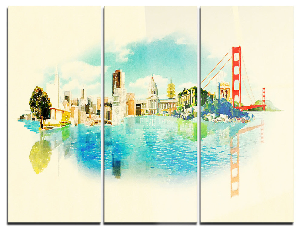 "San Francisco Panoramic View" Watercolor Metal Wall Art, 3 Panels, 36"x28"
