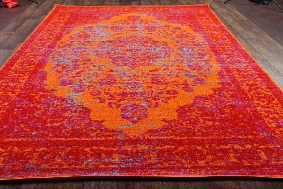 Agra All-Over Machine Made Turkish Oriental Distressed Area Rug Overdyed, Orange