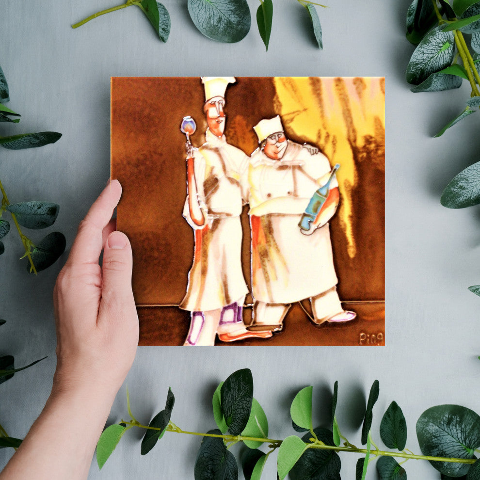8x8" Two Chefs Ceramic Art Tile Hot Plate Trivet and Wall Decor