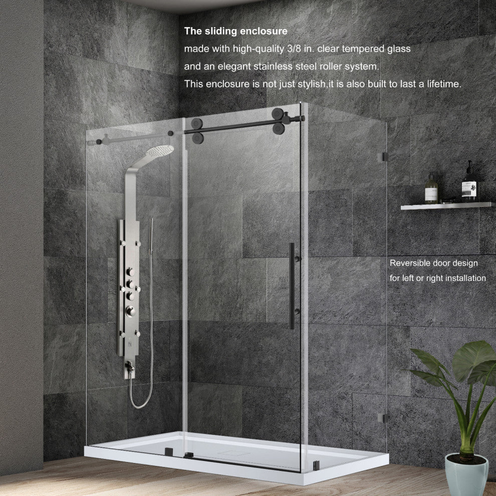 Villena Single Sliding Frameless Shower Door, Matte Black, 68"