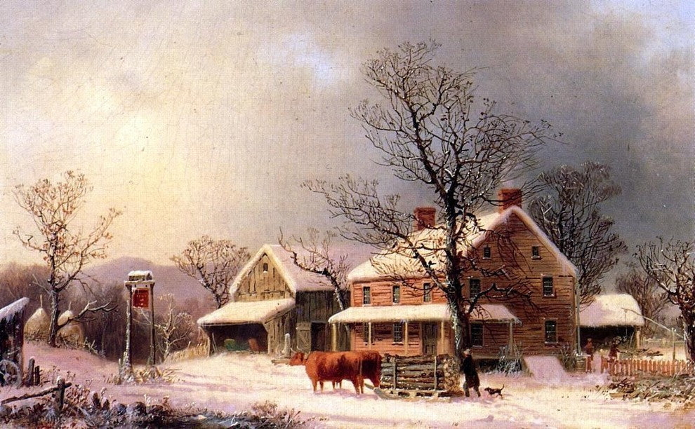 George Henry Durrie Oxen Hauling Logs on a Sled - 18" x 27" Premium Canvas Print