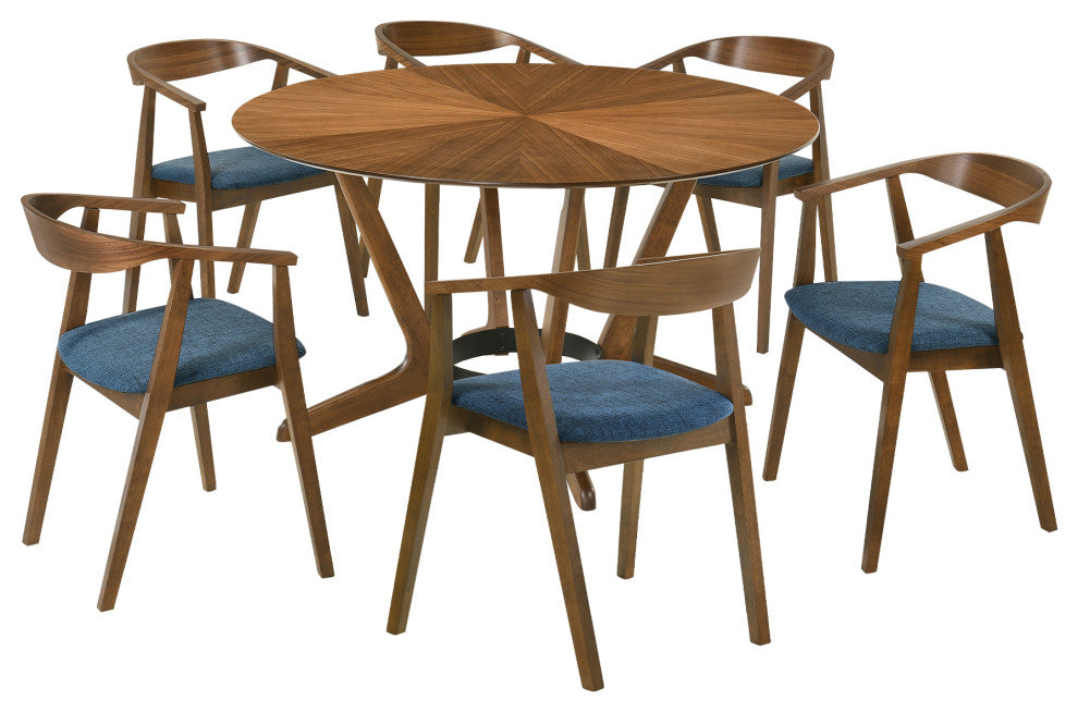 Santana 7-Piece Round Walnut Wood Dining Table Set With Blue Fabric