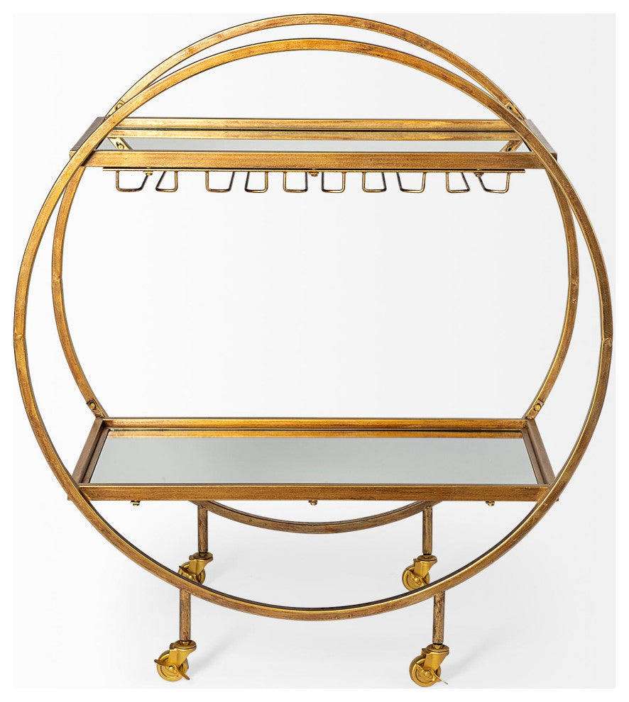 Carola Gold Frame Two-Tier Glass Shelves w/ Stemware Holder Bar Cart