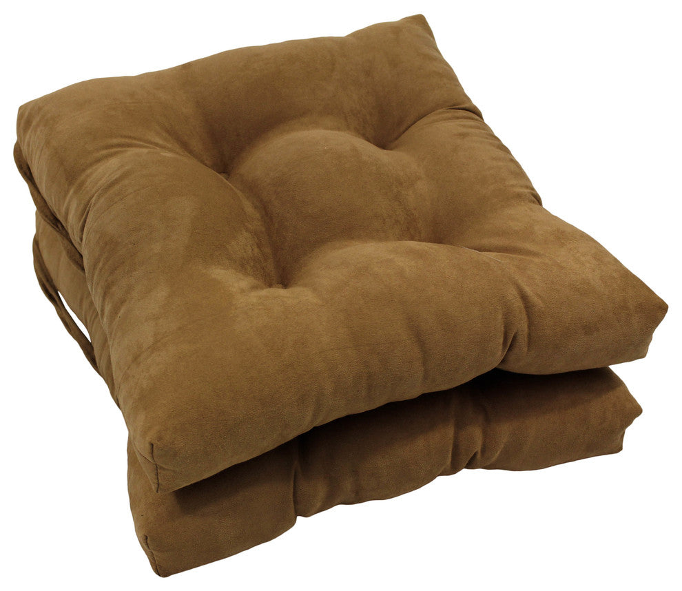 16" Solid Micro Suede Square Tufted Chair Cushions, Set of 2, Saddle Brown