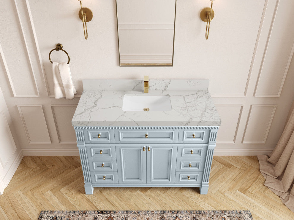 Paris 48" Single Sink Bathroom Vanity, Blue Heather 2" Venatino Quartz