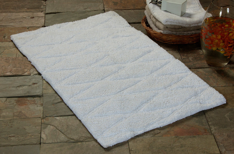 Bath Rug Cotton, 2 Piece Set, 34"x21" and 36"x24", White, Pattern Raised Diamond