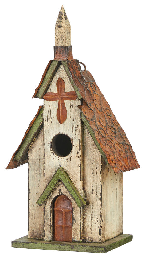 Rustic Garden Distressed Wooden Church Birdhouse, Cross
