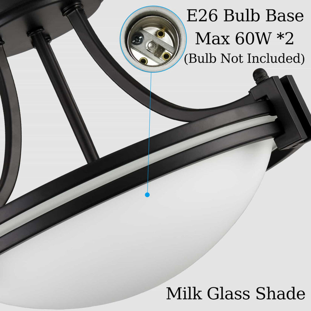 Black Semi Flush Mount Ceiling Light With Milk Glass