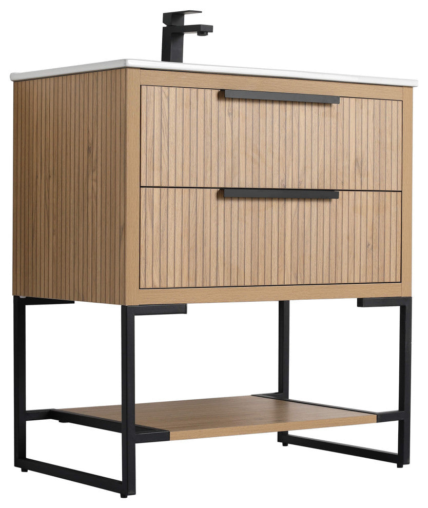 Kingsford Grooved-Look Bath Vanity, Bright Oak, White Ceramic Sink, 30", Drawers