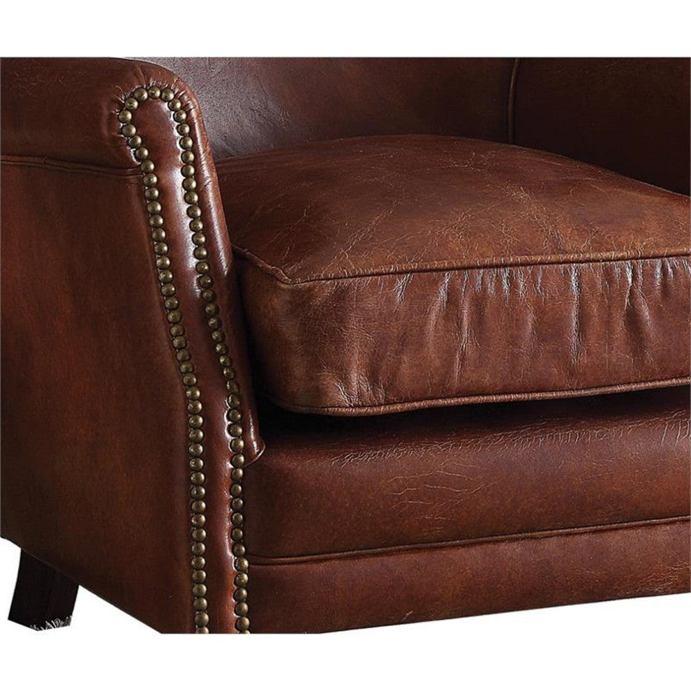 ACME Leeds Top Grain Leather Upholstery Accent Chair in Vintage Dark Brown