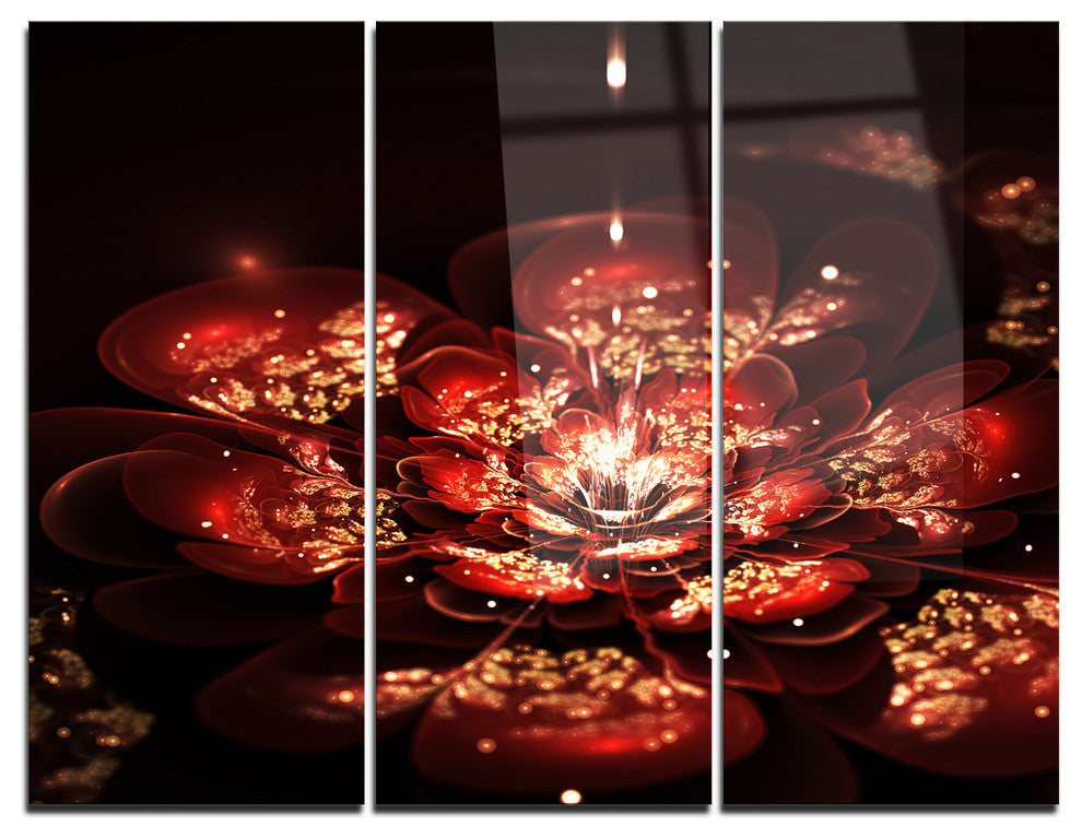 "Red Flowers in Fractal Pattern" Digital Metal Wall Art, 3 Panels, 36"x28"