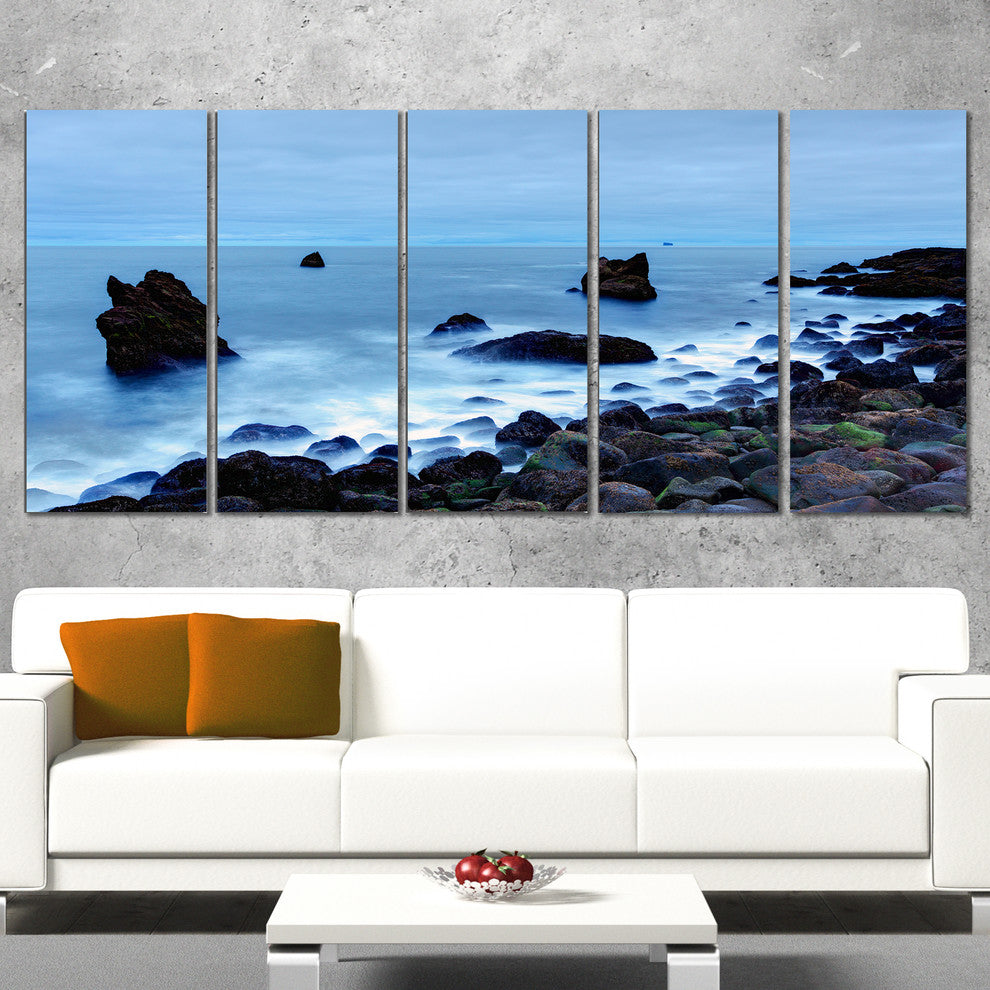 "Rocky Coast Near Raykjanes" Seashore Canvas Art, 60"x28", 5-Panels