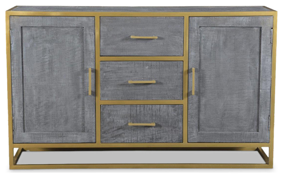 Raven Grey Mango Wood Dining Side board With Gold Iron