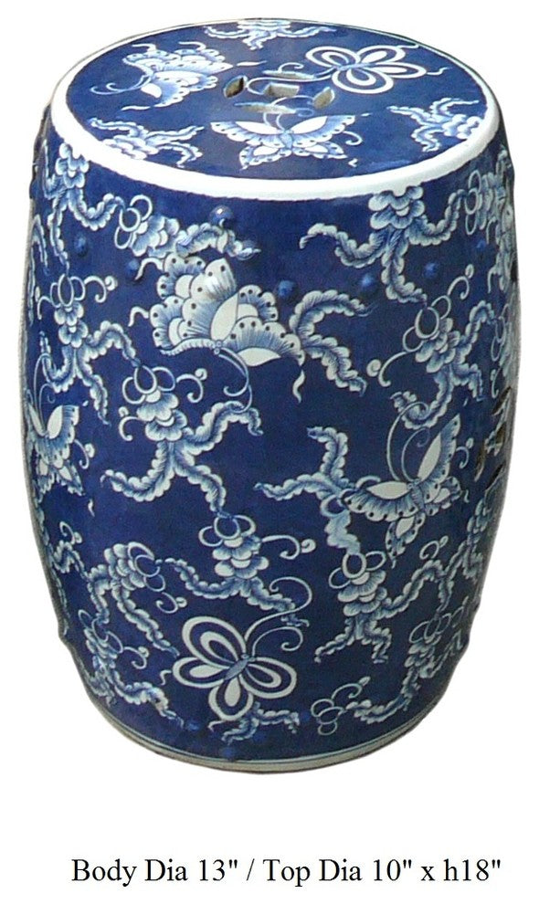 Chinese Blue and White Porcelain Round Butterflies Stool