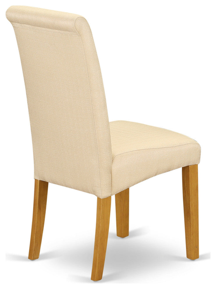 3Pc Square Table With Linen Beige Fabric Parson Chairs With Oak Chair Legs