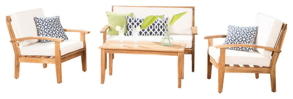 GDF Studio 4-Piece Peyton Acacia Wood Chat Set With Water Resistant Cushions, Beige