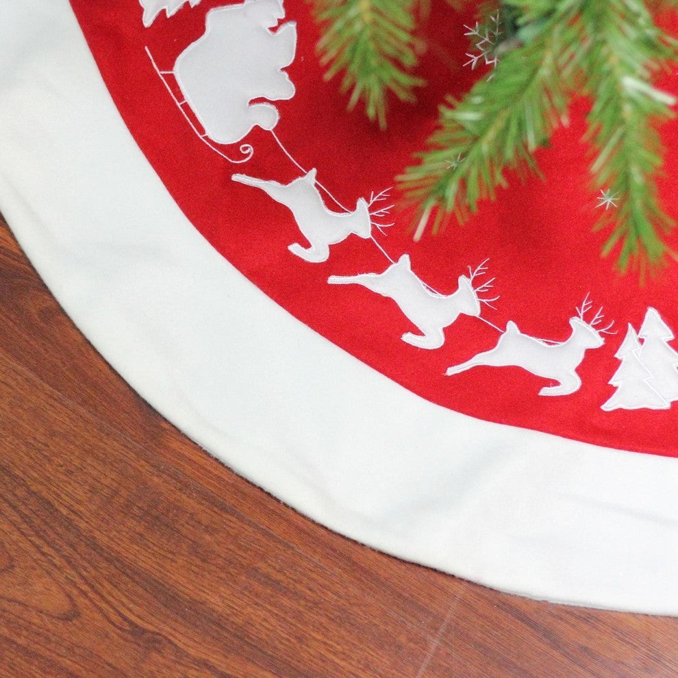46" Red and White Santa Claus and Reindeer Embroidered Christmas Tree Skirt