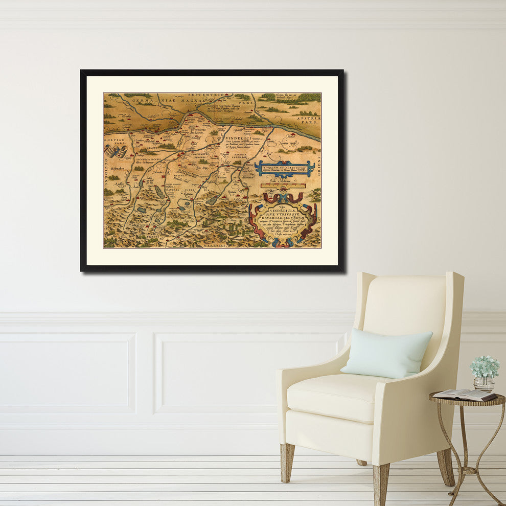 Germany, Bavaria Map Print On Canvas With Black Frame, 28" X 37"