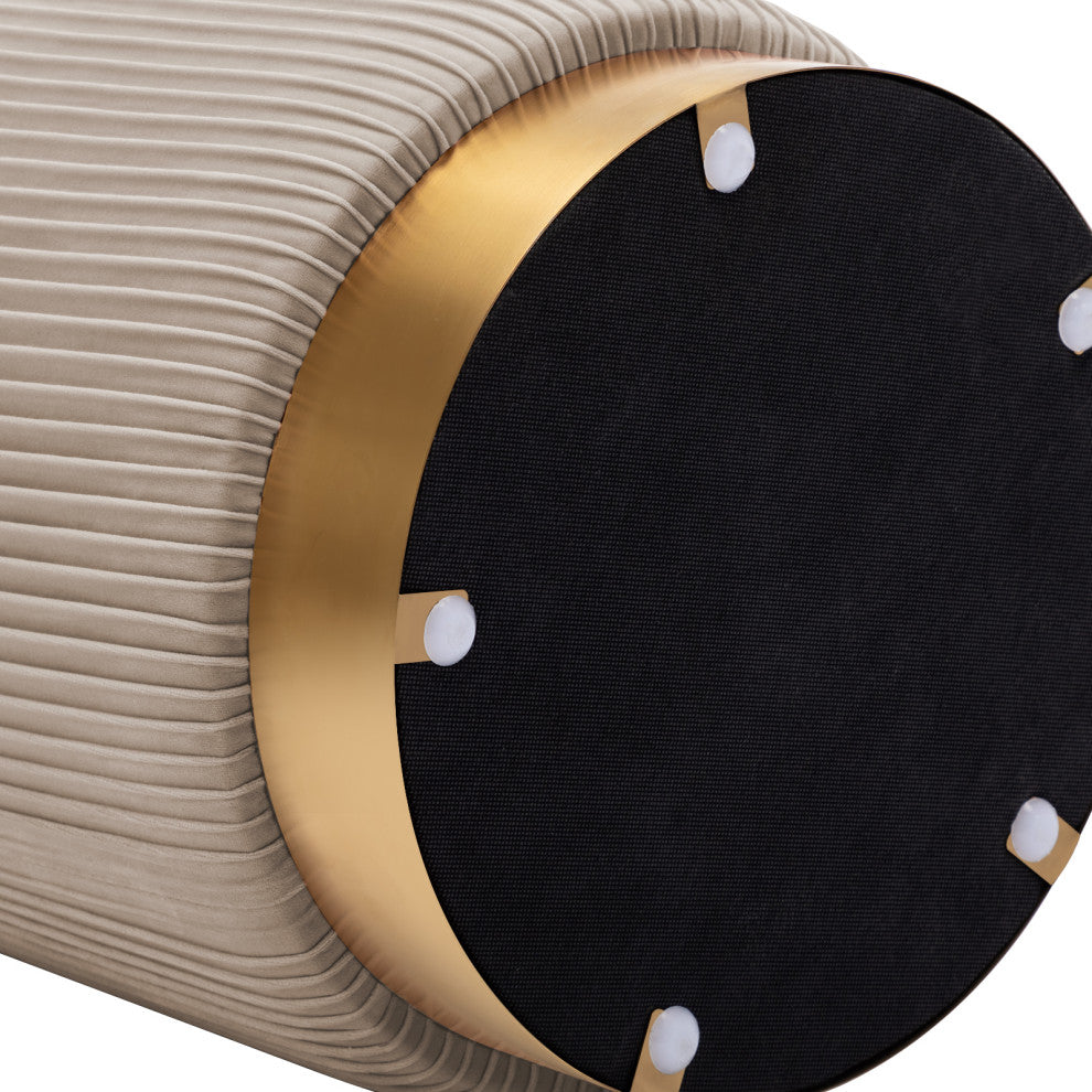 Round Pleated Golden Base Velvet Ottoman, Khaki