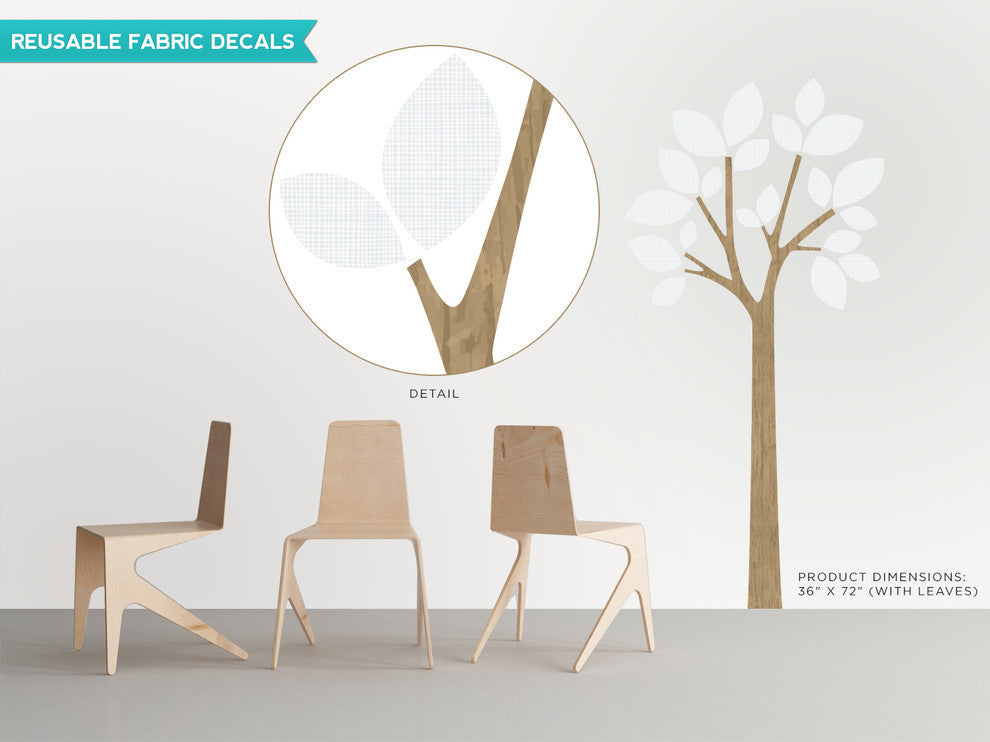 Modern Tree Fabric Wall Decal With Patterned Leaves, Light Grey