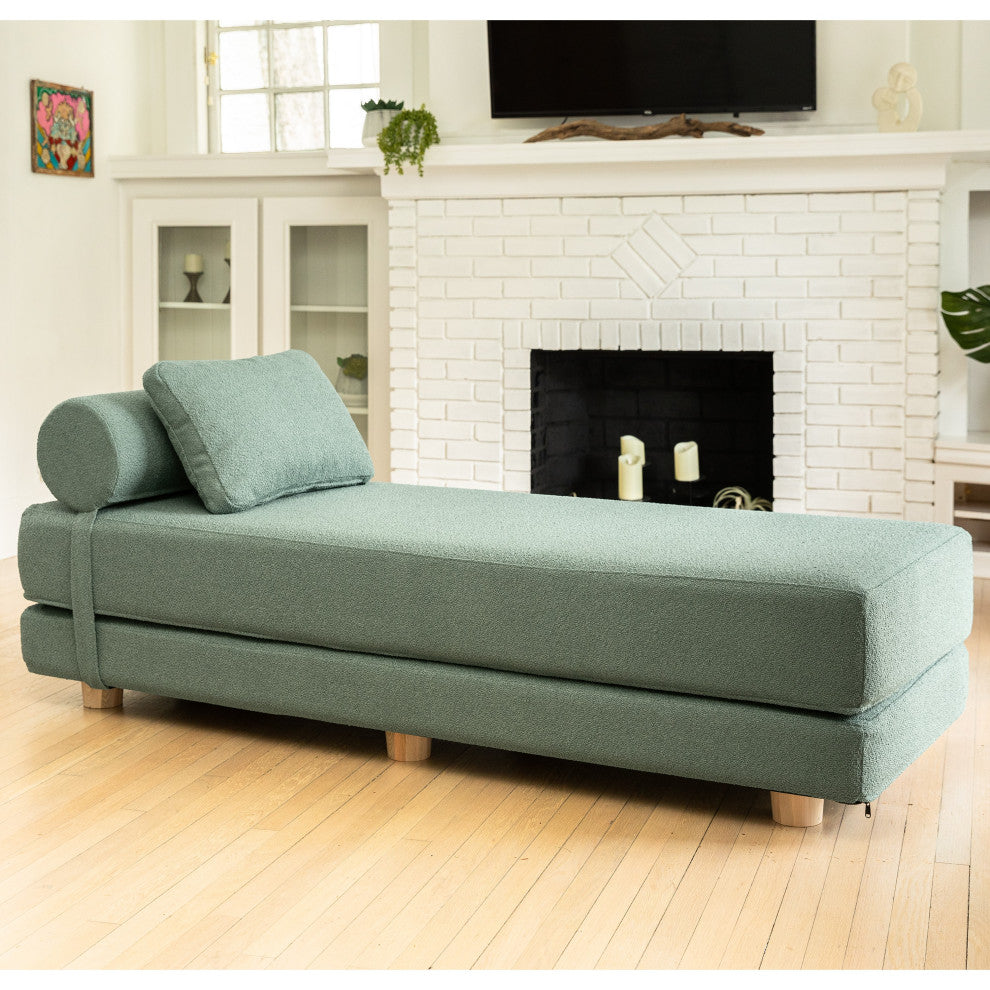 Jaxx Avida Daybed, Fold Out Queen Sleeper / Lounger Premium Boucle, Boucle Green