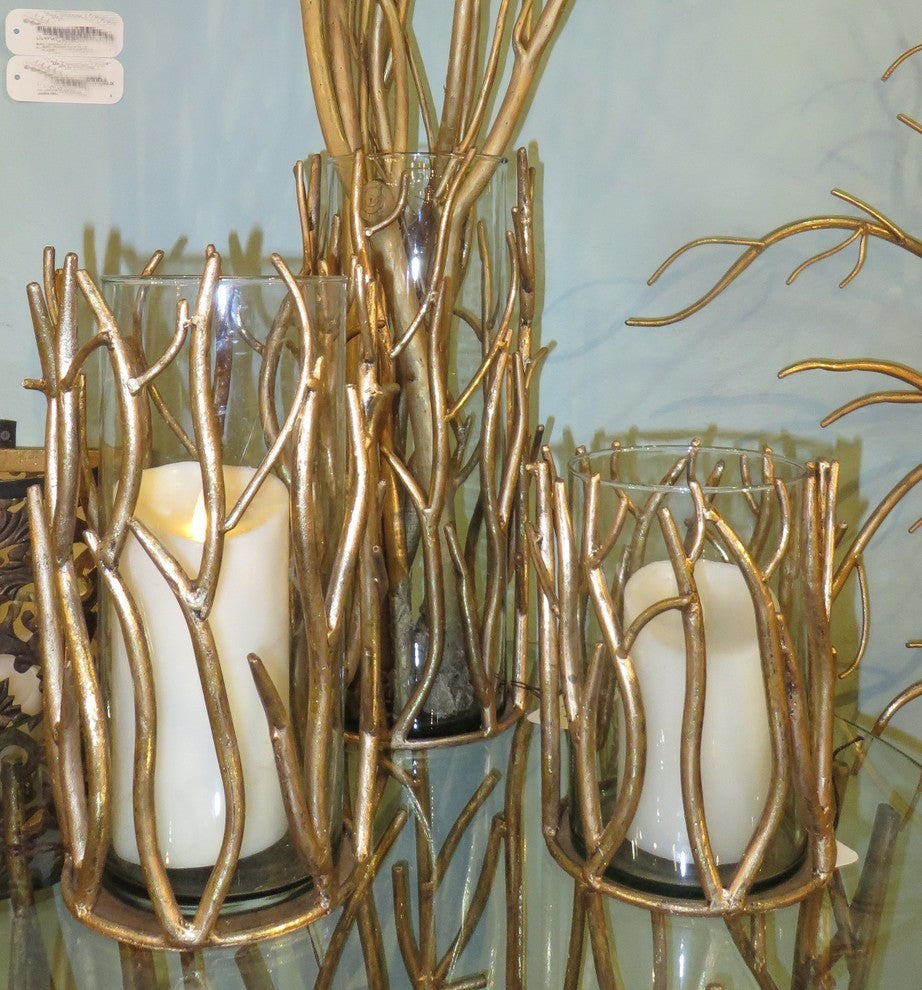 Tall 15" Gold Branch Pillar Candle Holder, Metal Hurricane Twig