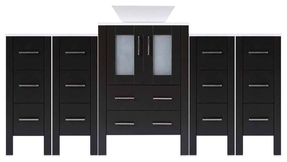 Modern Vanity Set With One Sink Base With Mirror and Four Drawer Bases, Espresso