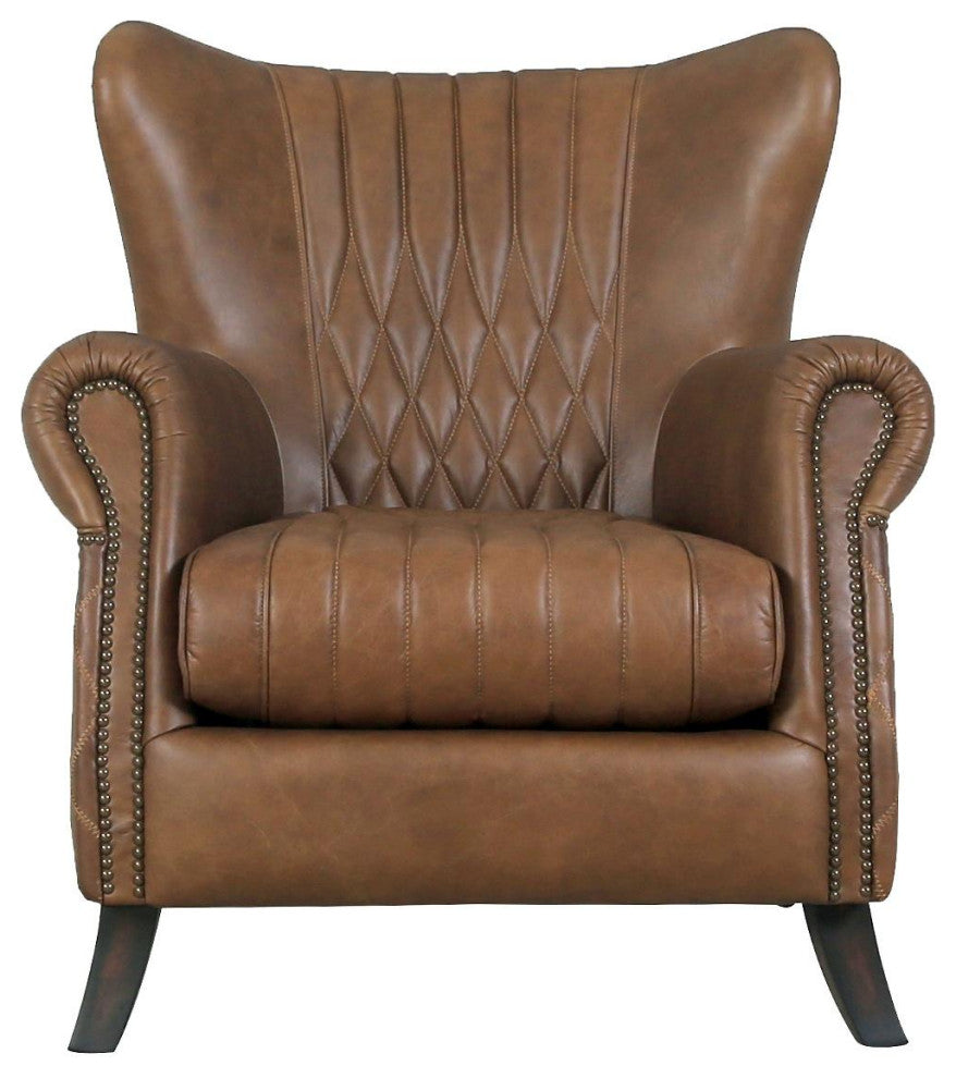 Pasargad Home Harrison Top Grain Leather Upholstered Wing Chair, Brown