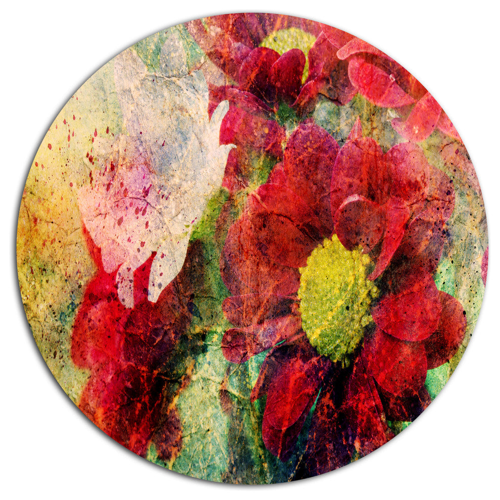 Red Flowers And Watercolor Splashes, Flower Disc Metal Wall Art, 36"